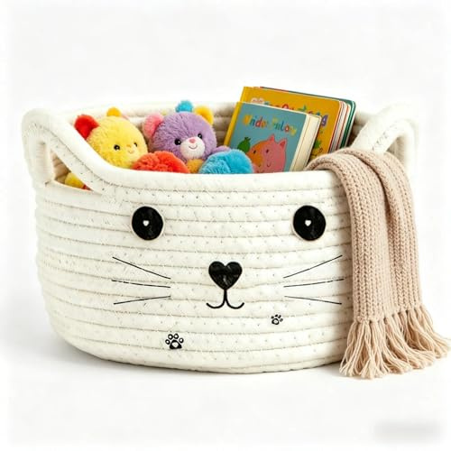 txuzong Cesta de cuerda de algodón con forma de gato, organizador para habitación infantil, juguetes para bebés, toallas y cosméticos, cesta de almacenamiento trenzada blanca para el hogar