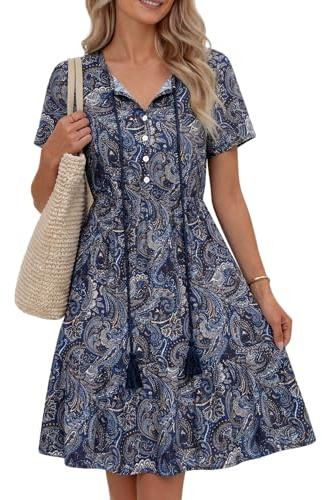 Zeagoo strandklänning damer boho sommarklänning midi tunikaklänningar klänning blommor V-ringning A-linje kortärmad luftigt elegant elastisk midja vintage fritidsklänning, M