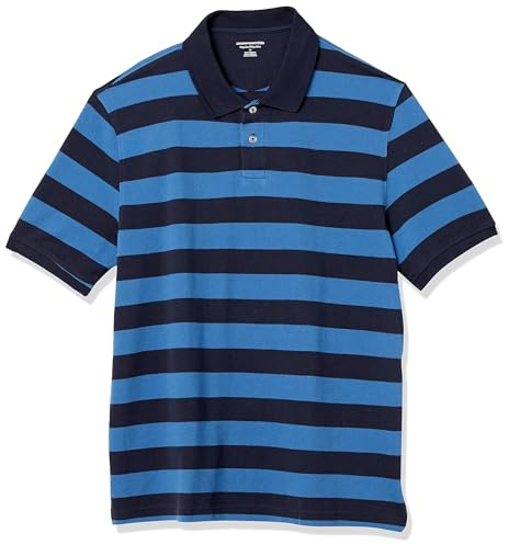 Amazon Essentials Men's Regular-Fit Cotton Pique Polo Shirt, -Blue/Navy Rugby Stripe, Large