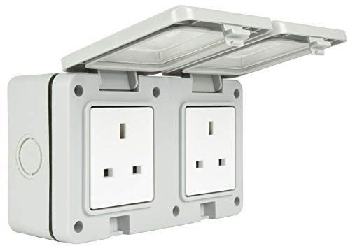 Double Gang Weatherproof 2 x 3 Pin UK Power Socket Outdoor Outlet IP55 White [Double Gang 2x Power]