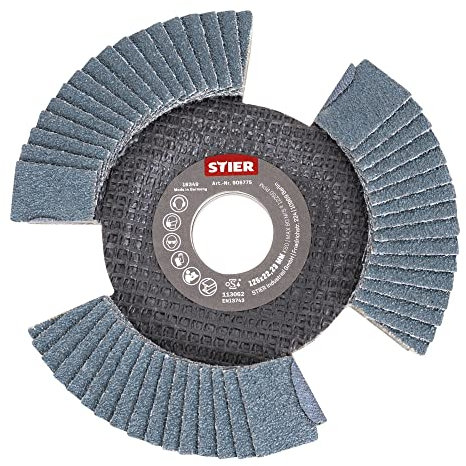STIER Fächerschleifscheibe View Line 125 x 22,23 K60, für handelsübliche Winkelschleifer, Qualität für die Verarbeitung von Stahl, Fächer-Design für freie Sicht auf das Werkstück