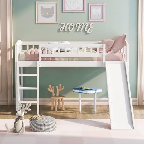 Merax Twin Size Loft Bed with Slide and Ladder, White Wooden Bed Frame, No Box Spring Needed