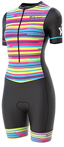Dam cykling skinndräkt kvinnor vadderad en del trisuit cykel topp kort sublimerad design haklapp kort, Svart/Multi, XL
