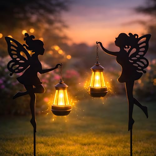 Solar Fairy Garden Accessories Outdoor 1 Pair - Metal Stakes Decorative Figurines Housewarming Ornament for Patio, Lawn, Yard, Pathway - Unique Gift Ideas for Mom Grandma (Warm Lighting)