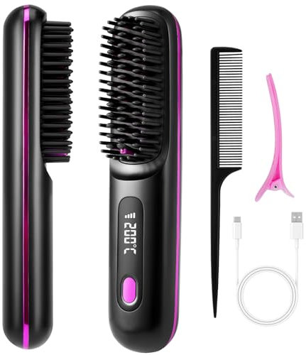 Glättungsbürste Haarglätter Bürste Glättbürste Kabellos Mini Glätteisen Haarglätterbürste 160-200℃ Schnelles Aufheizen Wiederaufladbare Tragbare für Haarstyling 3 Temperaturstufen Schwarz