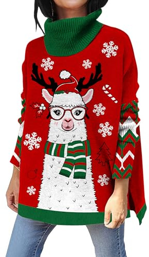 Kids4ever Maglione di Natale da Donna Elegante Maglione a Collo Alto con Stampa di Alce Maglione a Maniche Lunghe Collo Alto Spacco Laterale Maglione di Natale Lavorato a Maglia S