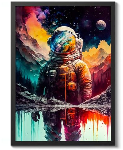 Lone Spaceman Space Poster, Colourful Abstract Astronomy Wall Art Home Decor, Astronaut Planets Print, Archival Matte, A2 (Black Frame) - 59.4x42cm