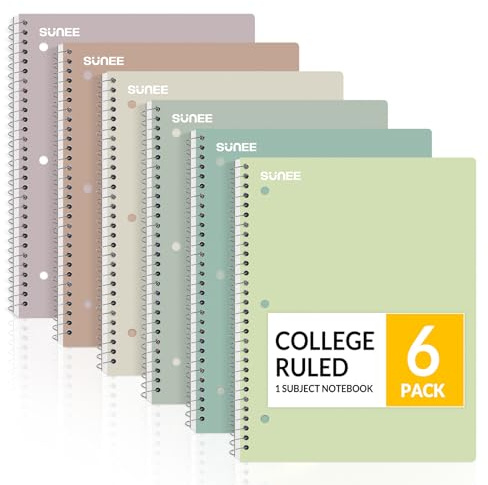 SUNEE Spiral Notebooks, 6 Pack, 1-Subject, College Ruled Paper, 8 x 10-1/2, 70 Sheets per Notebook, Assorted Aesthetic Colors Spiral Notebooks for School