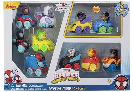 MARVEL’S SPIDEY AND HIS AMAZING FRIENDS AMAZING MINI VEHICLES MULTIPACK - Features Ten 2-inch Vehicles including Spidey, Ghost-Spider, Spin and more - Toys Featuring Your Friendly Neighborhood Spideys
