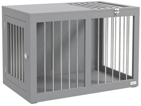 PawHut Caseta de interior para perros caseta para perros 2 puertas con cerradura buena ventilación mesa lateral 80 x 50 x 56,5 cm gris