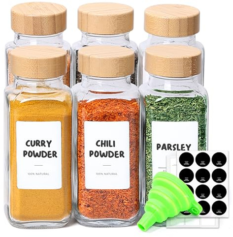 ComSaf Glass Spice Jars with with Labels 8 oz 6 Pack Bamboo Lids
