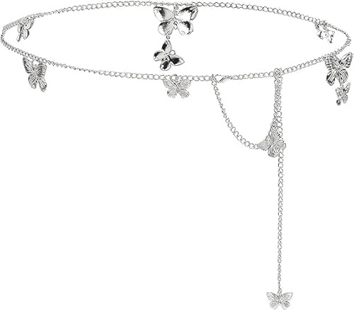 FAINCA Kedjebälte för kvinnor, justerbar fjäril elegant och snygg midjekedja, midjekedja dam, lämplig för klänningar, jeans, bikinis, Silver, one size