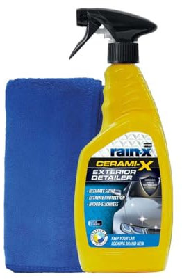 Rain-X Cerami-X Detailer Premium – Recubrimiento Cerámico de Alto Brillo – Protección Duradera Contra Intemperie y Rayos UV – Efecto Hidrofóbico y Sin Rayas + Paño de Microfibra– 750 ml