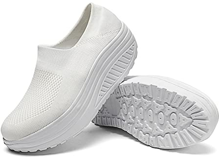 Generiska lätta sportskor dam, plattformsskor för kvinnor, platåsneakers halkfria slip-on stövletter utomhus slip-on mjuk tjock sula fritidsskor andas vandringsskor, Vit, 39 EU