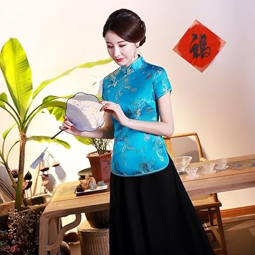 Camiseta de dragón chino para mujer, blusa tradicional estilo Tang en tela de satén con detalle de brocado dorado, estilo vintage, para primavera y verano