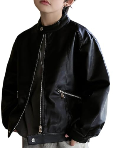 Chaqueta de piel sintética para niños y niñas, chaqueta de bombardero para motocicleta, cuello alto, cremallera, estilo motociclista, formal, preparada para el regreso a la escuela, Negro, 5-6 años