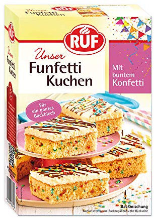 RUF Funfetti-Blechkuchen mit bunten Konfetti-Streuseln, Vanille-Creme und kakaohaltiger Pflanzenfett-Glasur mit Vollmilchpulver, 1 x 750g