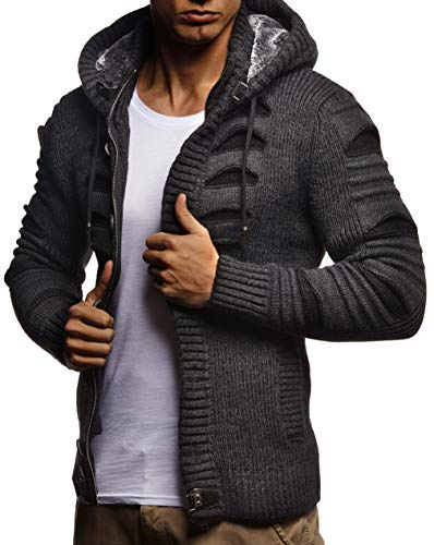 Leif Nelson Giacca Uomo in Maglia con Cappuccio Cardigan LN-5605 Nero Antracite XX-Large