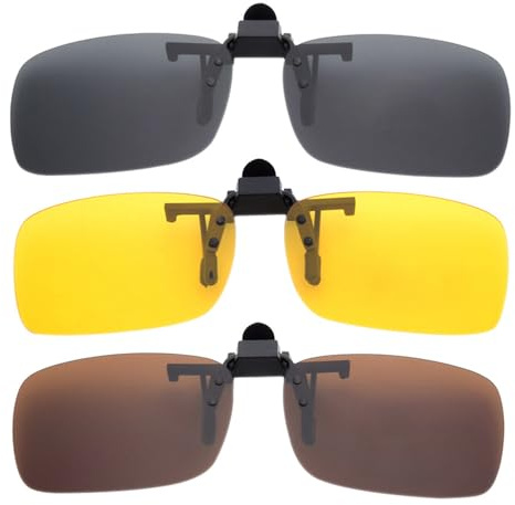 BOZEVON Clip sur Lunettes de Soleil - Lunettes de Soleil Polarisées Flip-Up Lunettes de Vision Nocturne Fit sur Lunettes pour Conduite et en Plein Air, Gris & Jaune & Marron - M