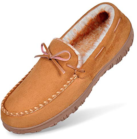 MIXIN Moccasin Slippers for Men Size 10 Memory Foam Home Slippers with Fuzzy Lining Beige