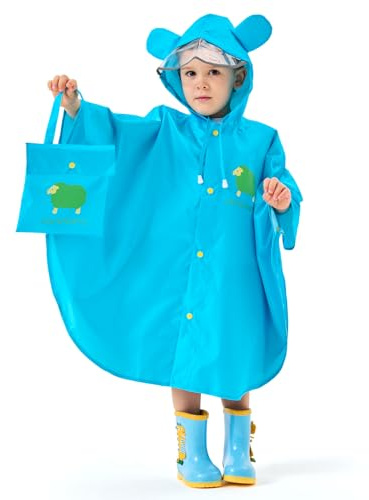 JTENG Mantella Antipioggia Bambino, Poncho Impermeabile Mantellina Antipioggia Cappello Allargato Bambino con Strisce Riflettenti, Riutilizzabile Pioggia Bambina (L, Blu)