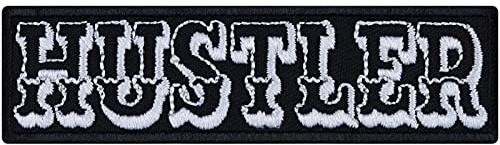 HUSTLER | Tygmärke med broderi emblem | Hustler Rocker Patch strykbilder klistermärke applikation med självhäftande yta för att sy på/stryka | 90 x 25 mm