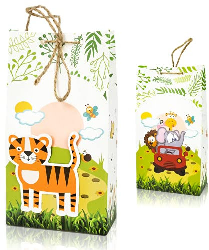 LIMAH® Kraft-Papier Geschenktüten/Partytüten Set für Kinder zum Kindergeburtstag, 12 Stück mit Tier-Motiven zum Befüllen. Ideal als Mitgebsel oder Giveaways auf Partys für Jungen und Mädchen