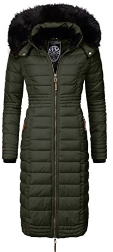 Navahoo Umay Damvinterkappa, varm kviltad kappa, lång med huva, storlek XS–XXL, OLIV, M