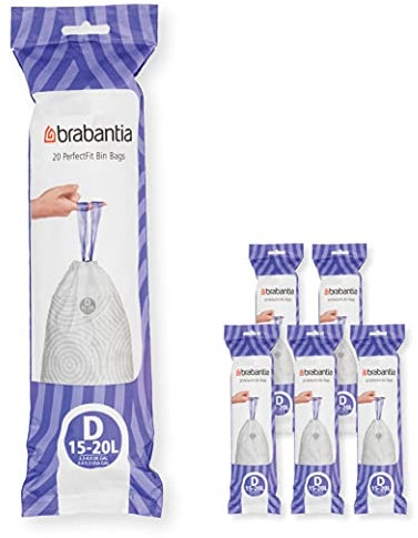 Brabantia 138201 PerfectFit Bin Liners Multipack (Size D/15-20 Litre) Thick Plastic Trash Bags with Tie Tape Drawstring Handles (120 Bags), White