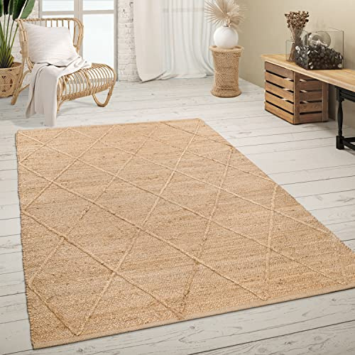 Paco Home Teppich Wohnzimmer Jute Naturfaser Handgearbeitet Modernes Skandi 3D Muster, Grösse:160x230 cm, Farbe:Natur