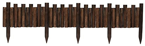 Worth Garden Wooden Staggered Short Fence - 8 in. H. x 3.7 ft. L. Burnt Wood Finish Outdoor Landscape Edging Flexible Decorative Border - Garden Yard Flower Bed Tree Fence - Stakes 4 in. Height