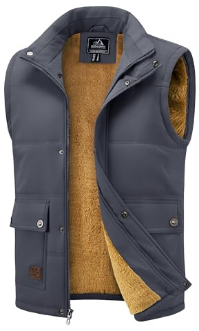 MAGCOMSEN Mens Winter Vest Outerwear Western Vest Outdoor Sleeveless Jacket Fleece Linging Grey 2XL