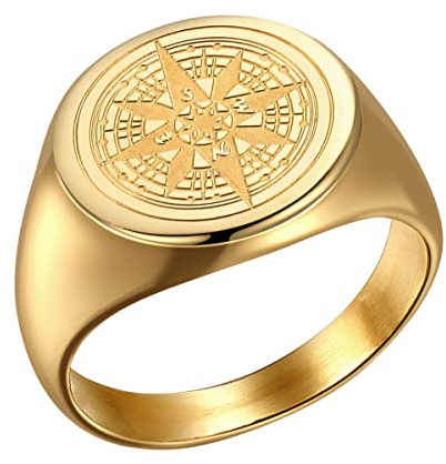 Joliernelle Compass Ring Gold for Men Stainless Steel Engraved Ring Solid Signet Ring Viking Jewelry Travel Gift Size Y