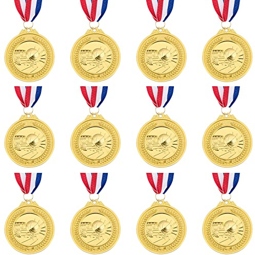 12 Pieces Basketball Medals Sports 2 Inch Metal Gold Award Medals with Neck Ribbon