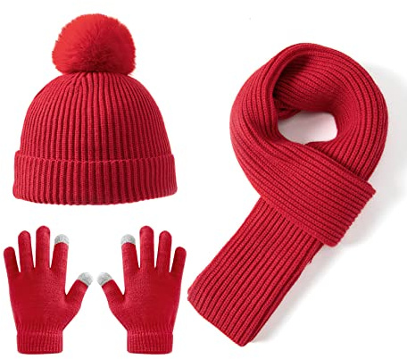 Lallier Juego de 3 gorros para niños, bufanda y guantes para la nieve, tejido de invierno, cálido, suave, gorro con pompón para exteriores, para niños, niñas y niños pequeños, Rojo