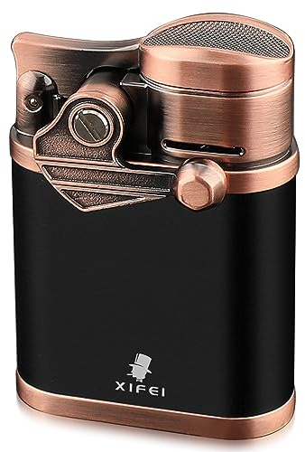 XIFEI Cigar Lighter 4 Jet Flame Torch Lighter with Cigar Holder, Windproof Rocker Arm Lighter Adjustable Flame, Refillable Butane Lighter Smoking Lighters Gift for Men (Bronze)