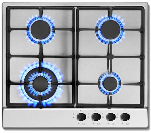 SNDOAS Gas Hob 4 Burners, NG/LPG Convertible, Built-in Stainless Steel Cooktop with Flame Failure Protection, Cast Iron Pan Support, 8060W