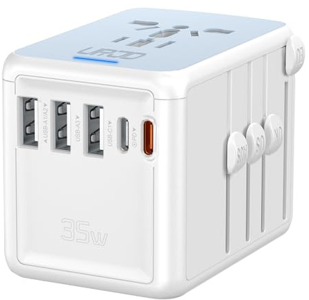 URJD 35W PD Universal Travel Adapter with 5 USB Ports + 2500W AC Outlet, Portable International Travel Adapter for Europe 200+ Countries, Compact Travel Charger for Cruise Vacation Business Trip
