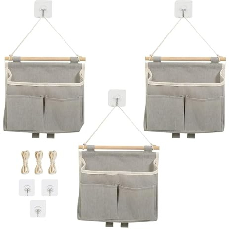 Oiieco 3 Stück Hängeorganizer, Faltbarer Leinen Wand Organizer Hängend Hängetasche mit 3 Haken, Wand Organizer Hängend Hängetasche 3 Fächer mit Klebriger für Büro Zuhause Schlafsaal Bad(Grau)