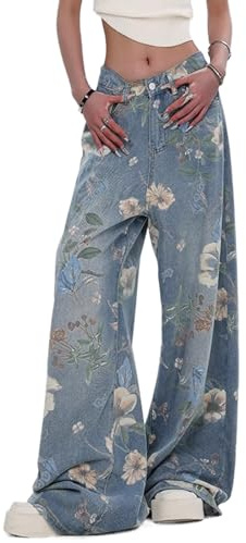 Jeans da Donna a Vita Alta a Gamba Larga con Stampa Floreale Gamba Dritta Jeans Larghi a Vita Alta Pantaloni in Denim Fidanzato Allentato, Blu, M