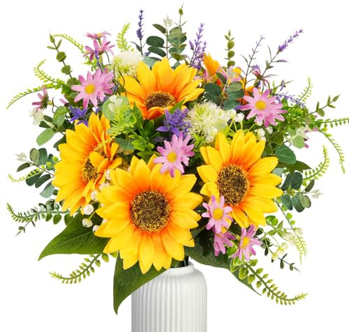 Luabue Bouquet de Fleurs Artificielles Tournesols et Marguerites Roses Faux Fleurs Décoration avec Eucalyptus et Lavande Fleurs Plastique pour Mariage Bouquet De Mariée Décor à la Maison
