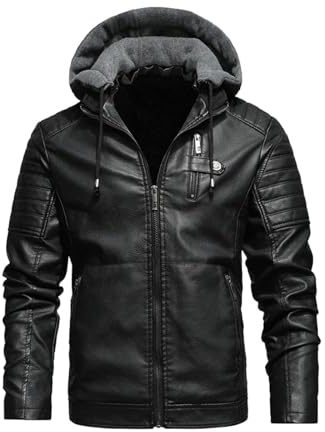 Vestes en cuir pour hommes véritable peau d'agneau veste en cuir avec capuche, noir, Large