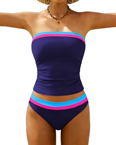 Jolefille Tankini Swimsuits for Women Two Piece Strapless Bandeau Bathing Suits Tops Full Coverage Modest Swim Suits 2026 Navy Blue