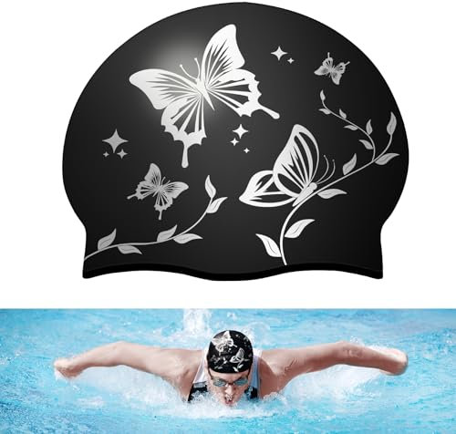 CPENG Badekappe Damen und Herren, Silikon, Unisex-Erwachsene, Schmetterlingsmuster, Wasserdicht, Rutschfest, Weich, Elastisch, Bequem, Lange Haare, Schwimmkappe mit Ohrschutz