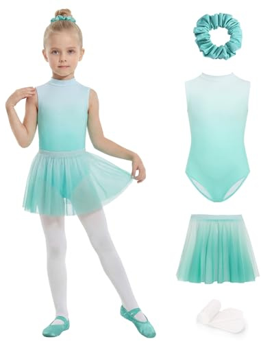 JiAmy Justaucorps de ballet 4 pièces pour filles avec jupe amovible - Couleur dégradée - Tenue de danse - Collants chouchous - 4 à 12 ans | Taille 110, 86 % polyester, 14 % élasthanne, 4 pièces, collants, jupe en tulle, tissu extensible, ouverture dans le dos