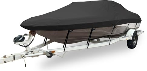 Kraftiga 600D vattentäta båtöverdrag, släpvagnsbart båtöverdrag passar V-skrov, Fish & Ski, Pro-Style, fiskebåt, Runabout, basbåt,Black,4.2~4.8m(L) x1.73m(W)