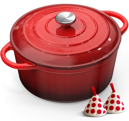 Cast Iron Dutch Oven - 26CM 5L Casserole Dish with Lid Enamelled Cast Iron Round Pot for Bread Baking Braising Stews Roasting, Dutch Pot with Heat-resistant Gloves Easy to Clean - Red Topbooc