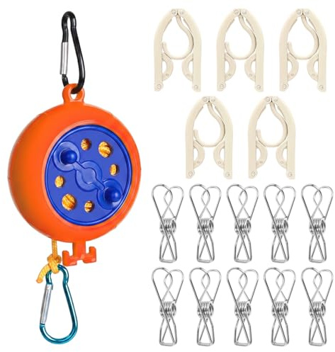 Filo per Stendere il Bucato da Esterno 10m, Stendibiancheria Retrattile da Viaggio con 5 Grucce Pieghevoli e 10 Mollette, Kit Stendino Portatile per Campeggio, Hotel, Camper e Balcone