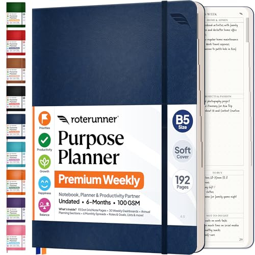 Roterunner Purpose Planner Notebook B5 7.5”x9.8” Undated Planner 2025 Daily Weekly and Monthly Productivity Goal Setting Tool for Work Home