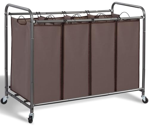 STORAGE MANIAC Clasificador de ropa sucia de 4 secciones, carrito de lavandería de 4 bolsas con ruedas giratorias resistentes y bolsas extraíbles, color marrón